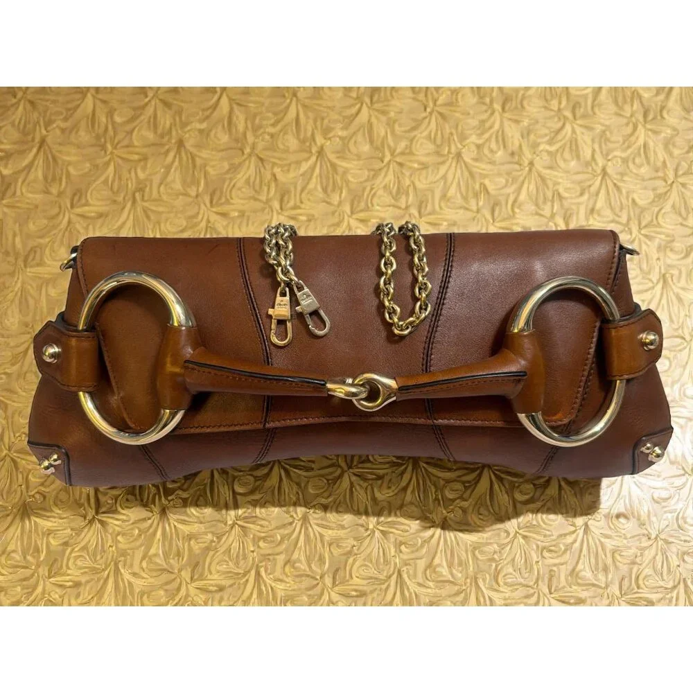 VTG Gucci Horsebit Chain Clutch Whisky Leather Brass Bag Tom Ford 90s Italy CoA - Picture 15 of 16